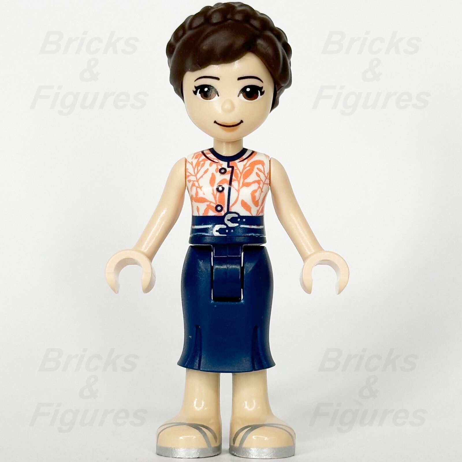 LEGO Friends June Minifigure White Top Coral Leaves Blue Skirt 41760 frnd428 - Bricks & Figures